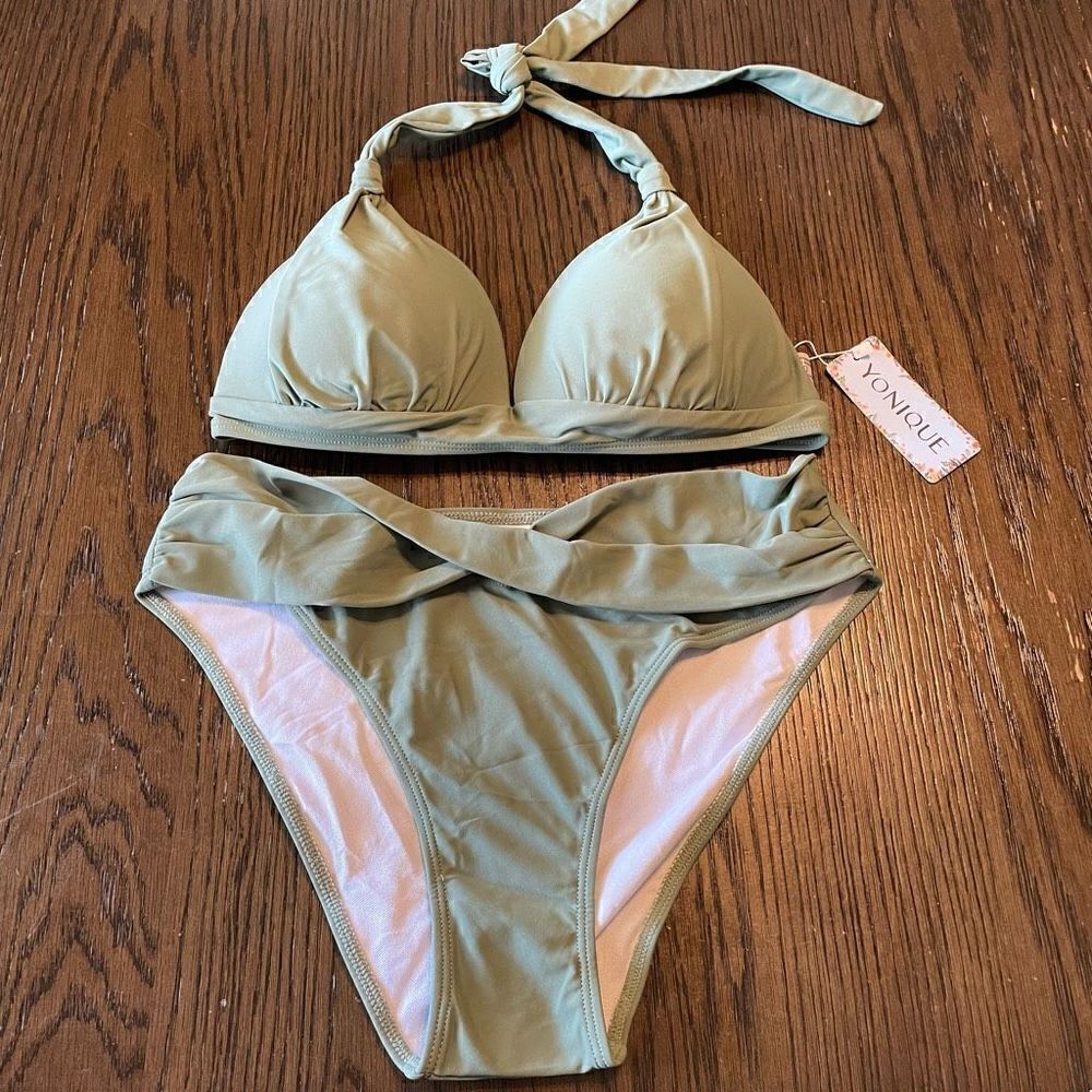 Yonique Olive green Two piece triangle hi-cut bikini set, M NWT